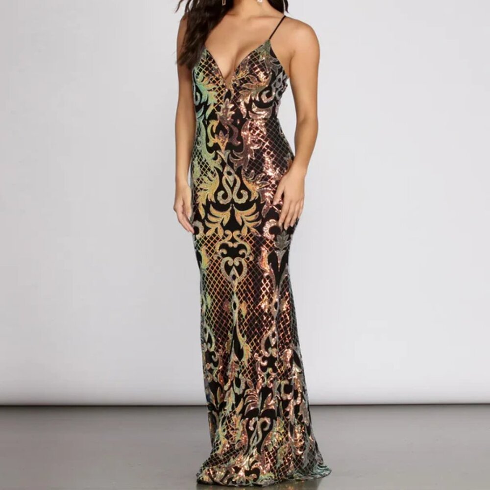 NWT - Windsor - Black Iridescent Sequin Maxi Scroll Dress - Size Medium - Picture 11 of 12